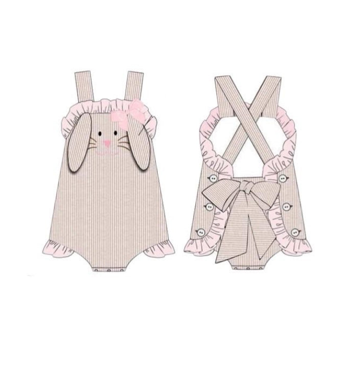 ( Moq 5 ) Preorder Baby Girls Infant Straps Rabbits Bows Stripes Easter Ruffle Romper