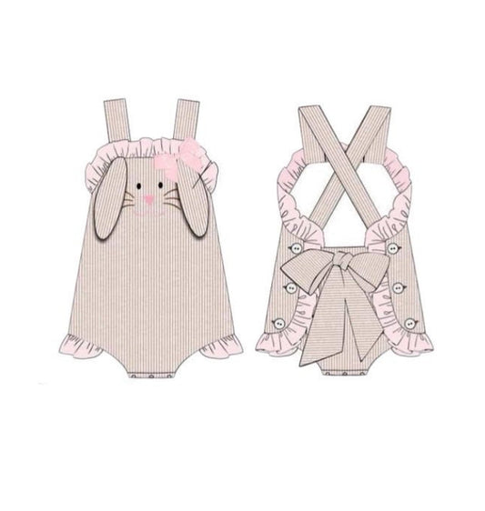 ( Moq 5 ) Preorder Baby Girls Infant Straps Rabbits Bows Stripes Easter Ruffle Romper