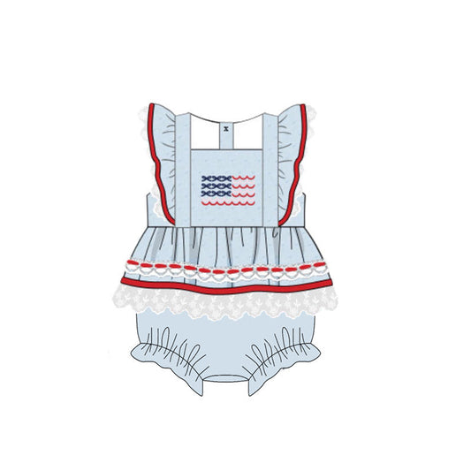 ( Moq 5 ) Preorder Baby Girls Infant Short Sleeves Flag Bummie 4th of July Romper