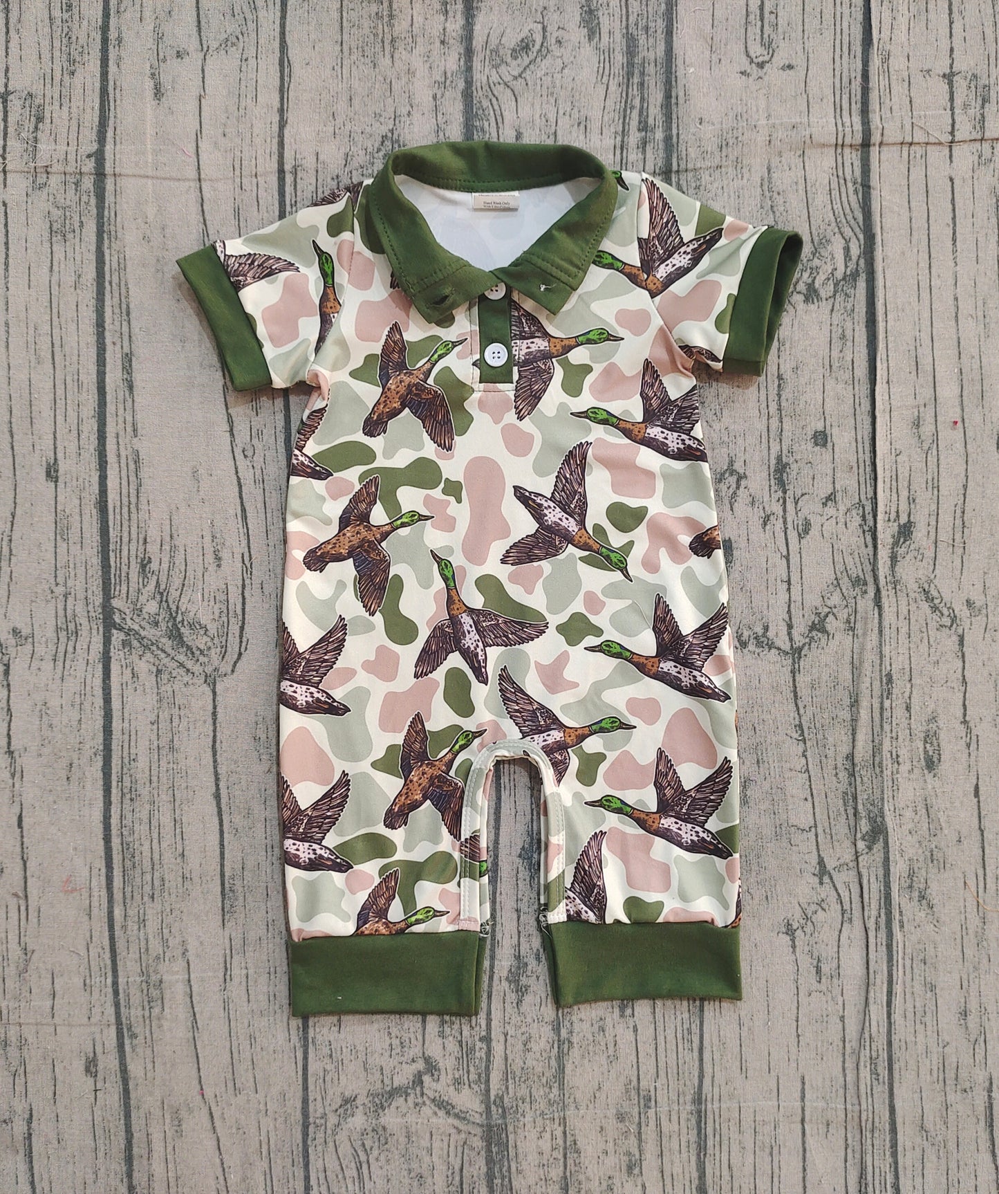 Baby Boys Short Sleeves Ducks Camo Hunting Buttons Green Romper RTS