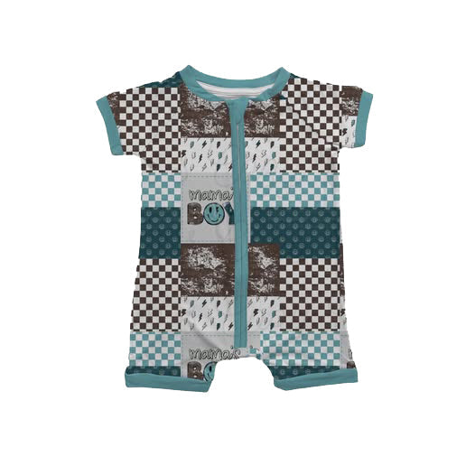 ( Moq 5 ) Preorder Baby Infant Short Sleeves Mama's Boy Checked Zipper Shorts Romper