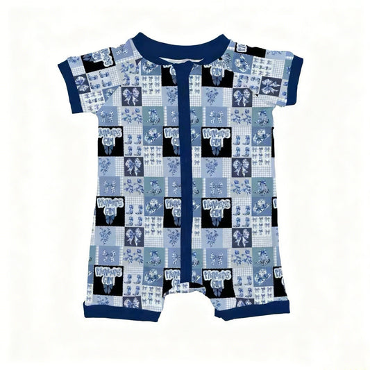 ( Moq 5 ) Preorder Baby Kids Blue Bows Boots Mama's Girl Western Zipper Shorts Romper