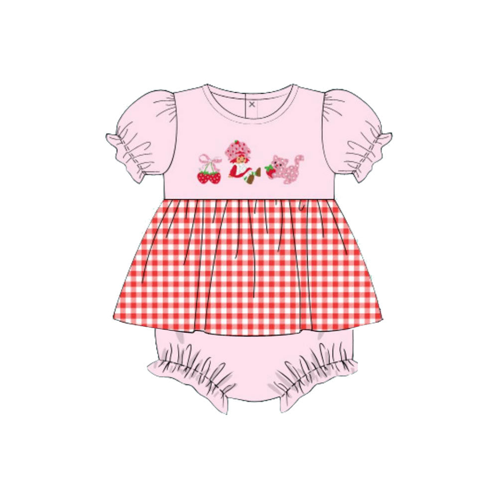 ( Moq 5 ) Preorder Baby Girls Strawberry Plaid Bummie Short Sleeves Romper