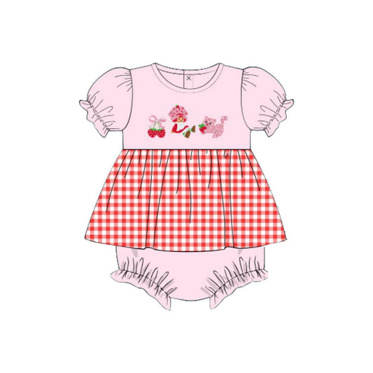 ( Moq 5 ) Preorder Baby Girls Strawberry Plaid Bummie Short Sleeves Romper