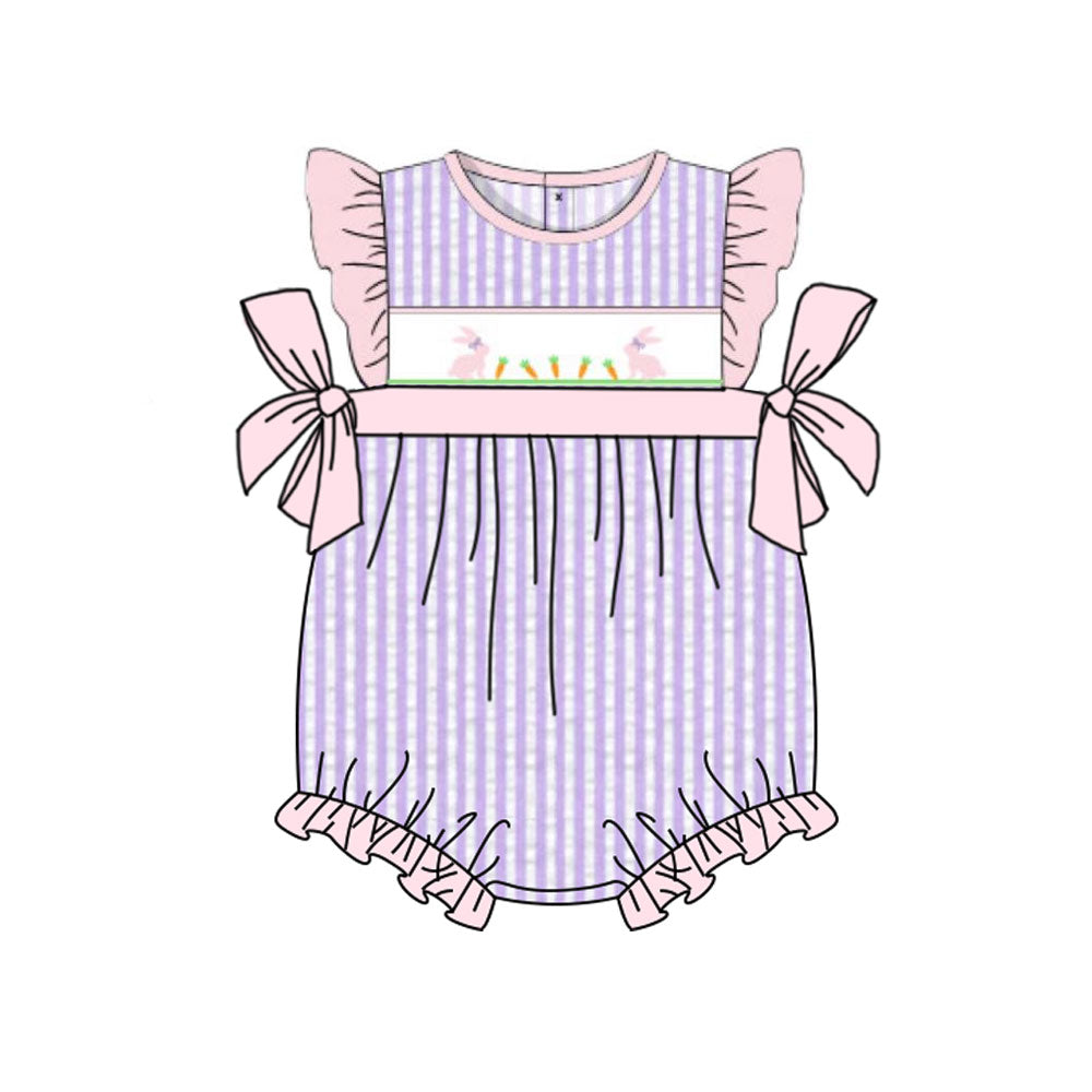 ( Moq 5 ) Preorder Baby Girls Short Sleeves Purple Stripes Rabbits Carrots Bows Bubble Romper