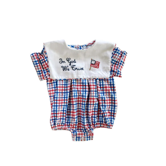 ( Moq 5 ) Preorder Baby Girls Short Sleeves Flag Plaid 4th of July Bubble Romper