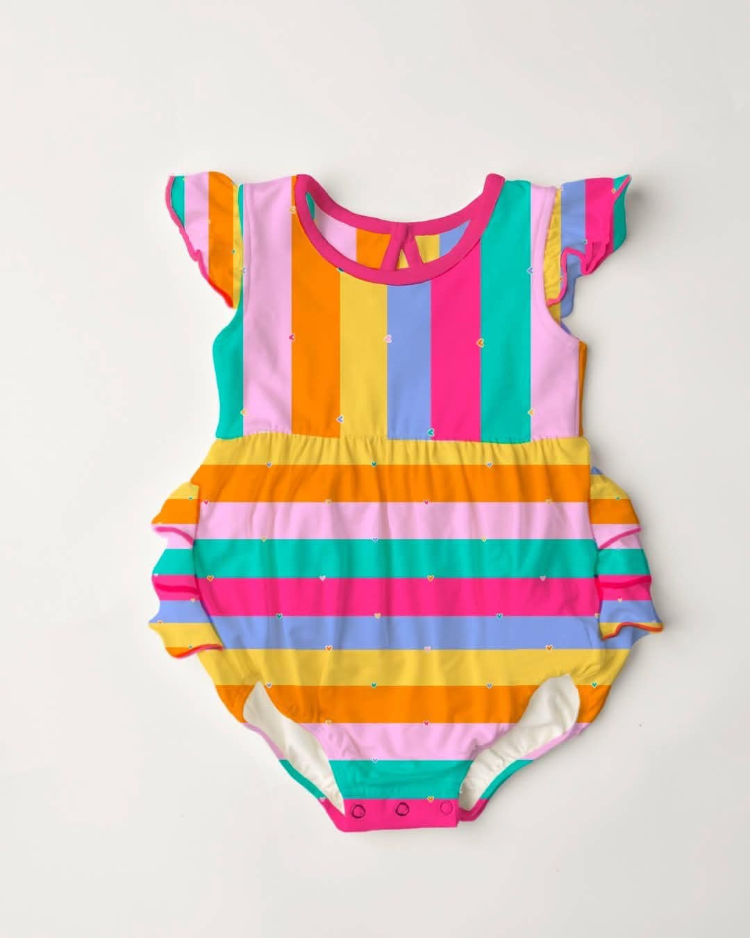( Moq 5 ) Preorder Baby Girls Short Sleeves Colorful Stripes Ruffle Bubble Romper