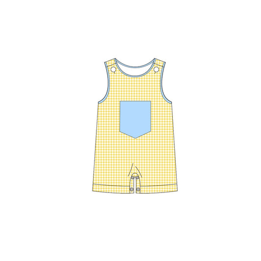 ( Moq 5 ) Preorder Baby Boys Infant Sleeveless Yellow Plaid Pocket Buttons Romper
