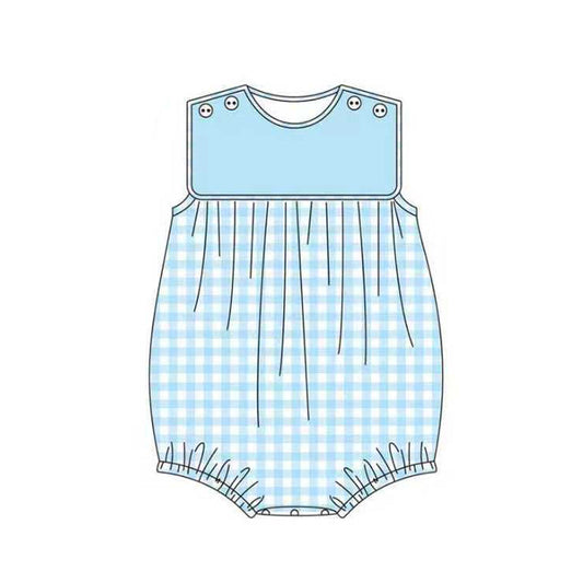 ( Moq 5 ) Preorder Baby Boys Infant Sleeveless Blue Plaid Summer Bubble Romper