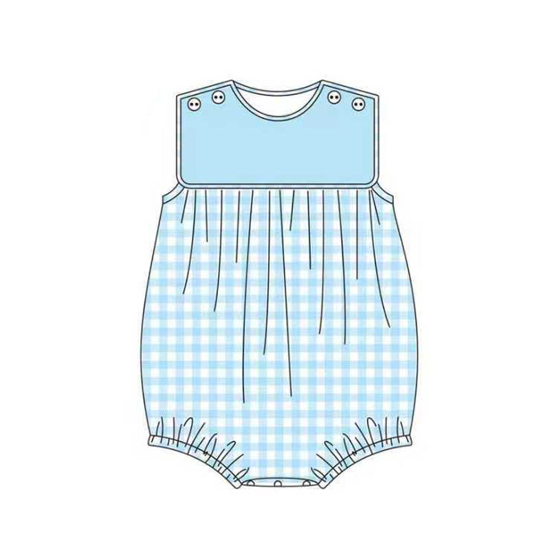 ( Moq 5 ) Preorder Baby Boys Infant Sleeveless Blue Plaid Summer Bubble Romper