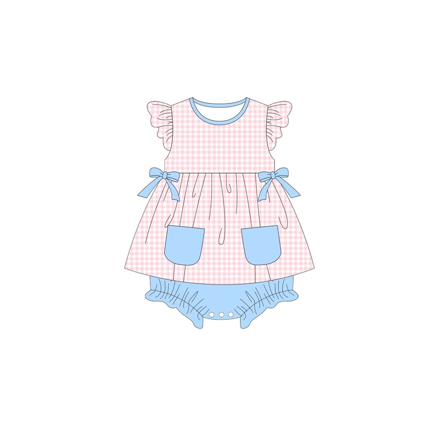 ( Moq 5 ) Preorder Baby Girls Short Sleeves Pink Plaid Pockets Bows Blue Bummie Romper