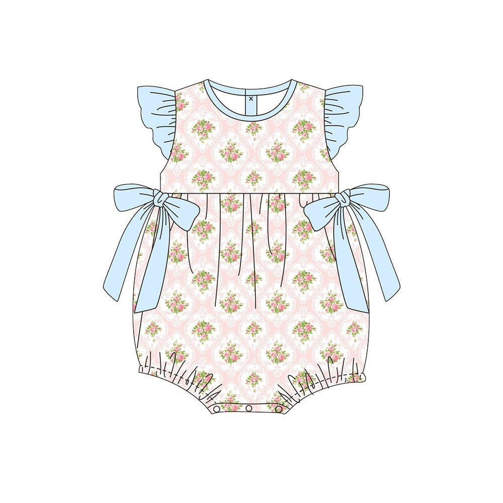 ( Moq 5 ) Preorder Baby Girls Infant Short Sleeves Floral Blue Bows Bubble Romper
