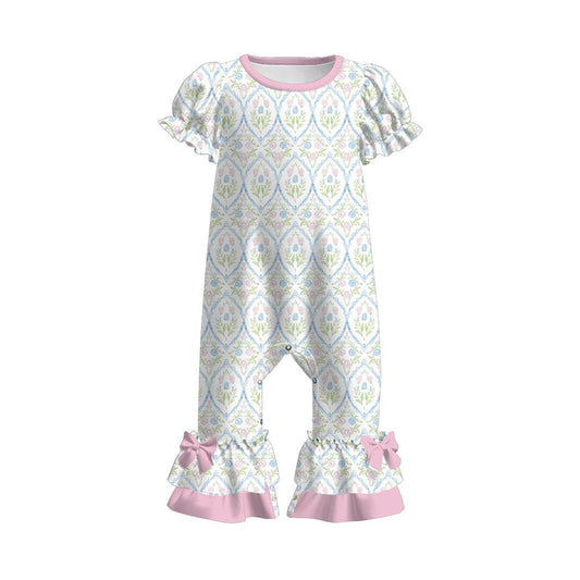 ( Moq 5 ) Preorder Baby Girls Short Sleeves Flower Pink Bows Ruffle Romper