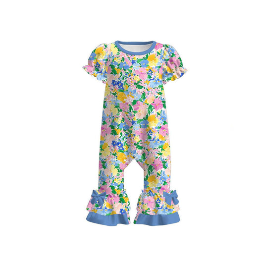 ( Moq 5 ) Preorder Baby Girls Short Sleeves Flower Blue Bows Ruffle Romper