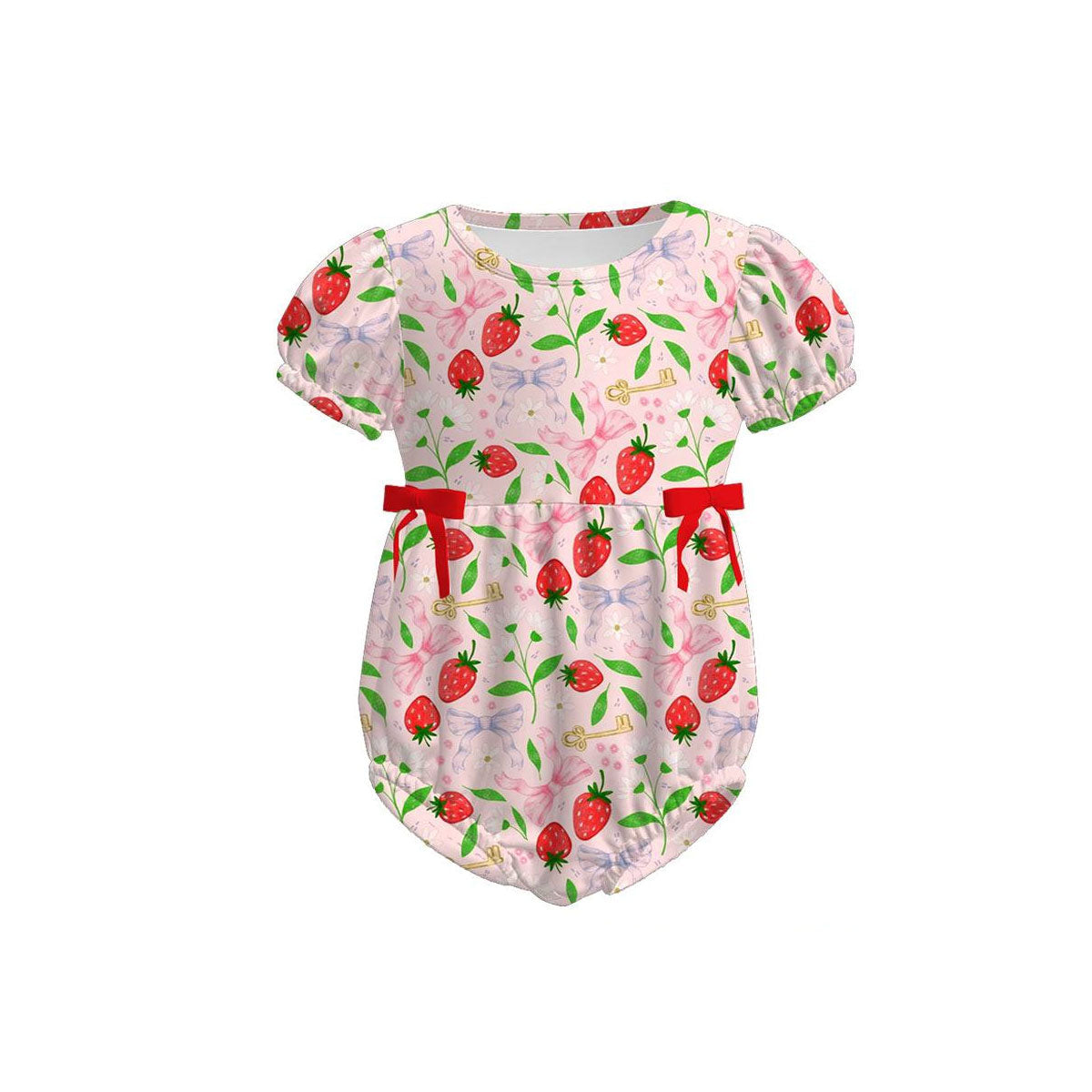 ( Moq 5 ) Preorder Baby Girls Short Sleeves Strawberry Bows Flower Bubble Romper