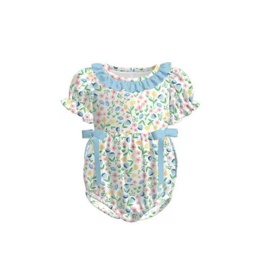 ( Moq 5 ) Preorder Baby Girls Short Sleeves Blue Bows Floral Bubble Romper