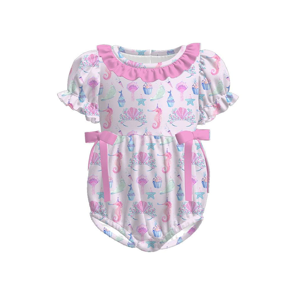 ( Moq 5 ) Preorder Baby Girls Short Sleeves Sea Animals Pink Bows Bubble Romper
