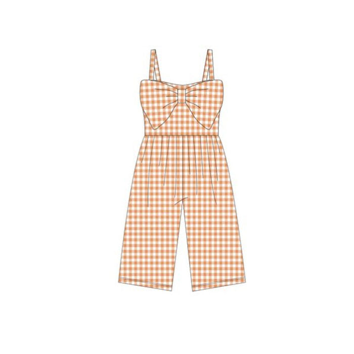 ( Moq 5 ) Preorder Baby Girls Sleeveless Orange Plaid Bow Pants Jumpsuits