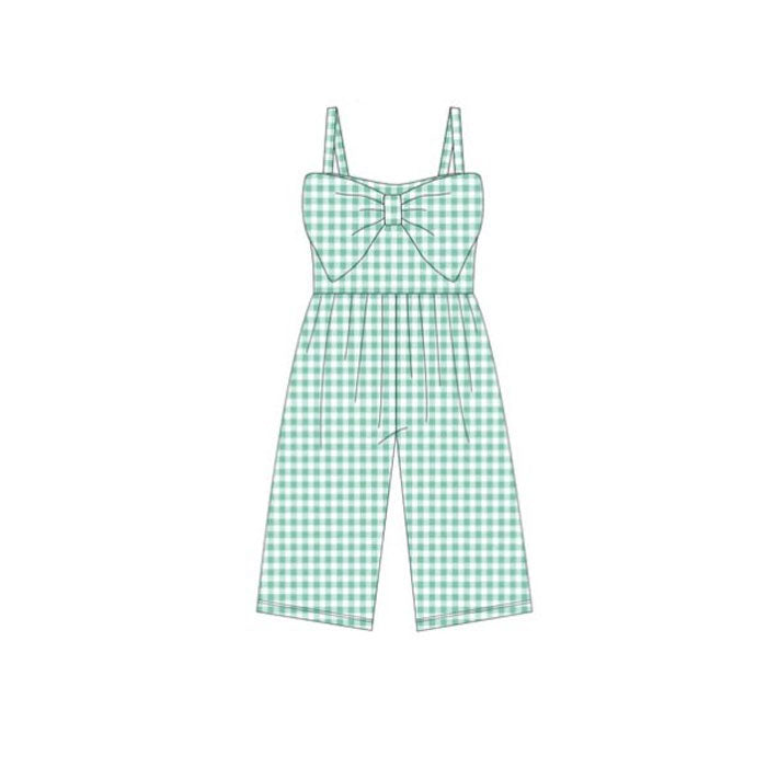 ( Moq 5 ) Preorder Baby Girls Sleeveless Bows Green Plaid Print Pants Jumpsuit