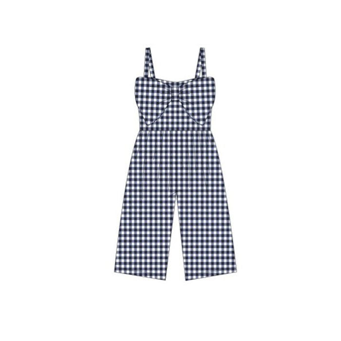 ( Moq 5 ) Preorder Baby Girls Sleeveless Navy Plaid Bow Pants Jumpsuits