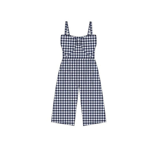 ( Moq 5 ) Preorder Baby Girls Sleeveless Navy Plaid Bow Pants Jumpsuits