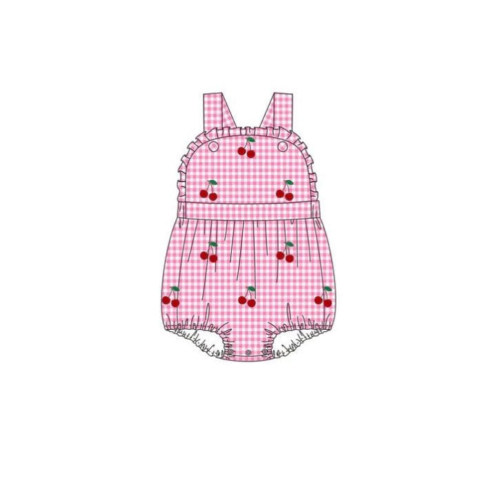 ( Moq 5 ) Preorder Baby Girls Sleeveless Cherry Pink Plaid Bubble Romper