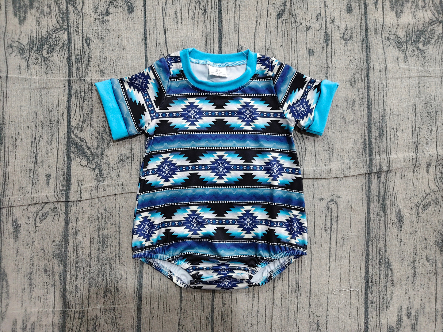 ( No moq ) Preorder Baby Boys Short Sleeves Western Aztec Blue Bubble Romper