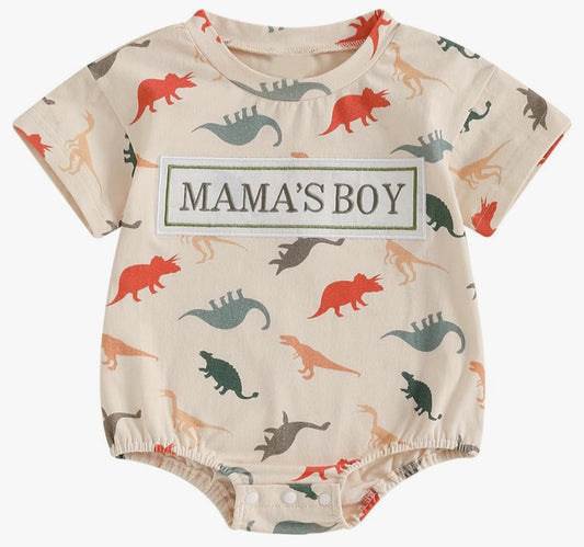( Moq 5 ) Preorder Baby Infant Short Sleeves Mama's Boy Dinosaurs Green Romper