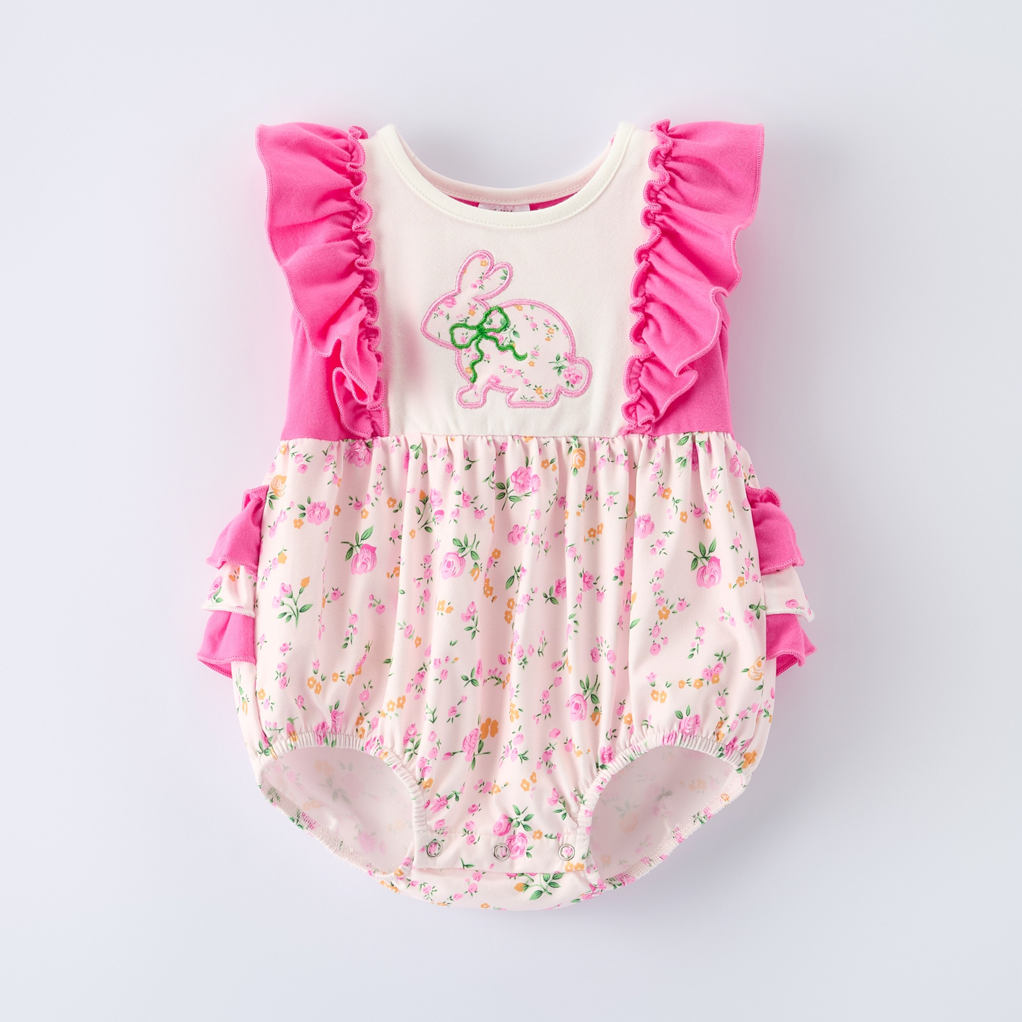 ( Moq 5 ) Preorder Baby Girls Short Sleeves Rabbit Bows Floral Easter Pink Ruffle Bubble Romper
