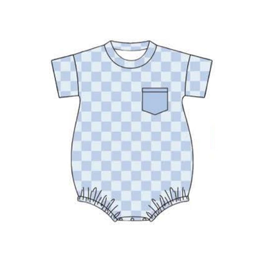 ( Moq 5 ) Preorder Baby Boys Infant Short Sleeves Blue Checked Pockets Romper