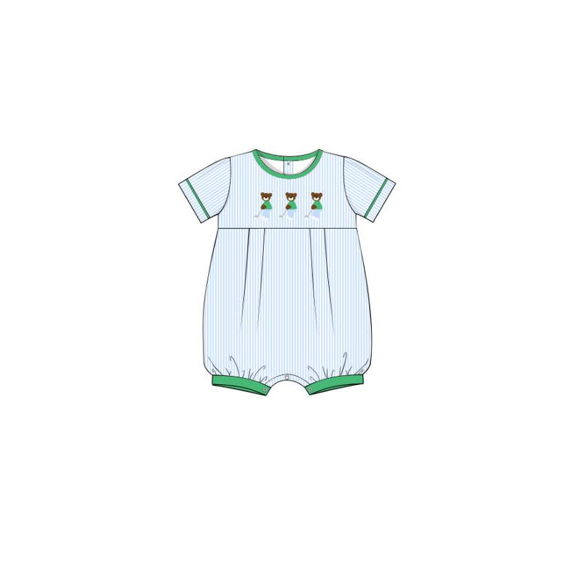 ( Moq 5 ) Preorder Baby Boys Short Sleeves Bear Blue Stripes Golf Romper