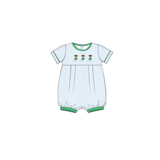 ( Moq 5 ) Preorder Baby Boys Short Sleeves Bear Blue Stripes Golf Romper