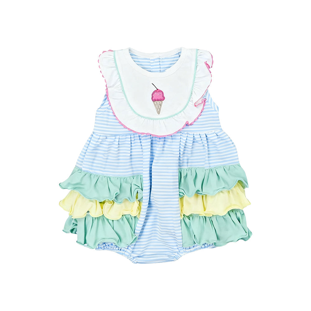 ( Moq 5 ) Preorder Baby Girls Sleeveless Popsicle Stripes Ruffle Bubble Romper