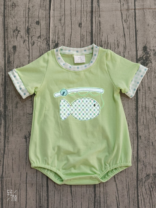 ( No moq ) Preorder Baby Boys Infant Short Sleeves Embroidery Fishing Green Bubble Romper