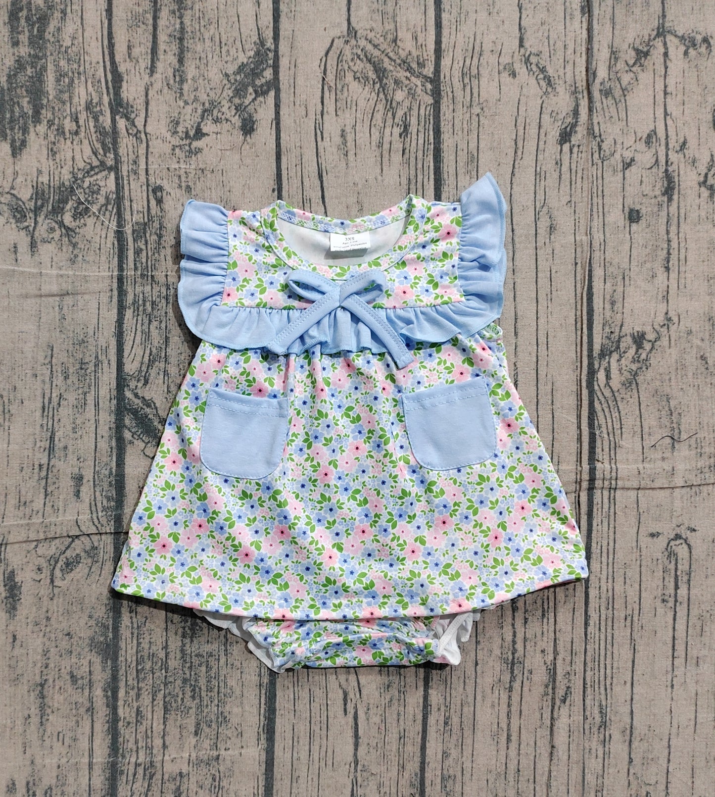 Baby Girls Infant Floral Blue Pockets Bummie Ruffle Romper RTS