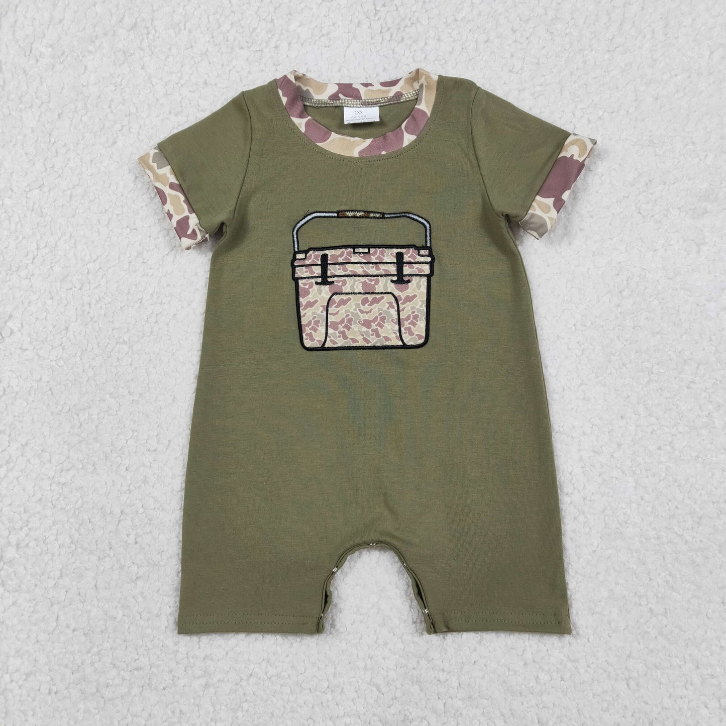 Sibling Baby Boys Green Short Sleeves Embroidery Box Camo Hunting Clothes Romper Set RTS