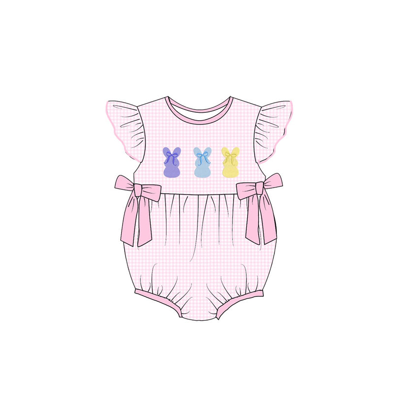 ( Moq 5 ) Preorder Baby Girls Infant Rabbits Bows Easter Pink Plaid Bubble Romper