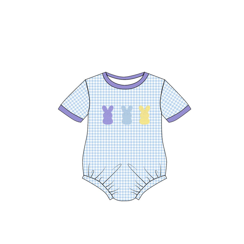 ( Moq 5 ) Preorder Baby Boys Infant Short Sleeves Rabbits Blue Plaid Bubble Romper