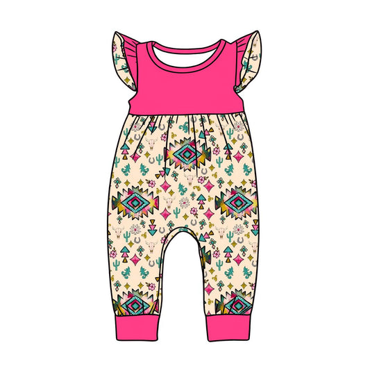 ( Moq 5 ) Preorder Baby Girls Infant Short Sleeves Western Aztec Floral Cactus Romper