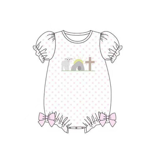 ( Moq 5 ) Preorder Baby Girls Infant Short Sleeves Cross Dots Bows Easter Bubble Romper