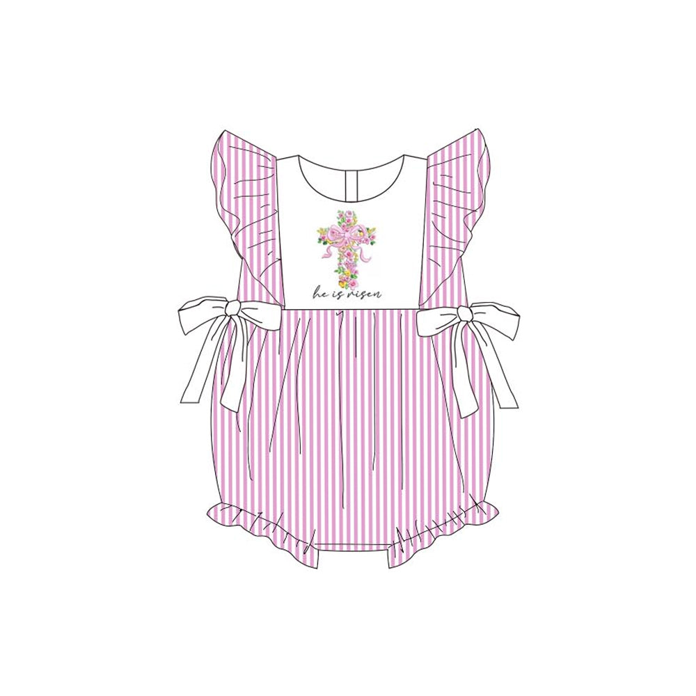 ( Moq 5 ) Preorder Baby Girls Short Sleeves Flower Cross Easter Pink Stripes Bows Romper