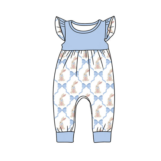 ( Moq 5 ) Preorder Baby Girls Short Sleeves Blue Bows Rabbits Easter Romper