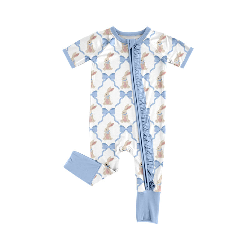 ( Moq 5 ) Preorder Baby Girls Bows Rabbits Easter Two-way Ruffle Zipper Footie Sleeper Romper
