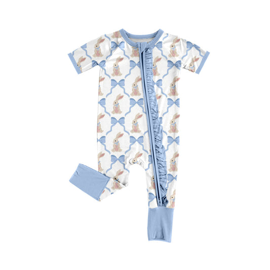 ( Moq 5 ) Preorder Baby Girls Bows Rabbits Easter Two-way Ruffle Zipper Footie Sleeper Romper