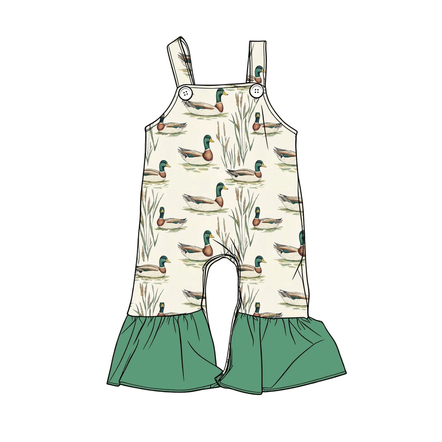 ( Moq 5 ) Preorder Baby Girls Kids Sleeveless Ducks Green Ruffle Pants Hunting Romper