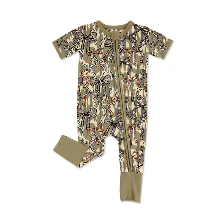 ( Moq 5 ) Preorder Baby Girls Short Sleeves Camo Bows Hunting Two-way Zipper Footie Romper