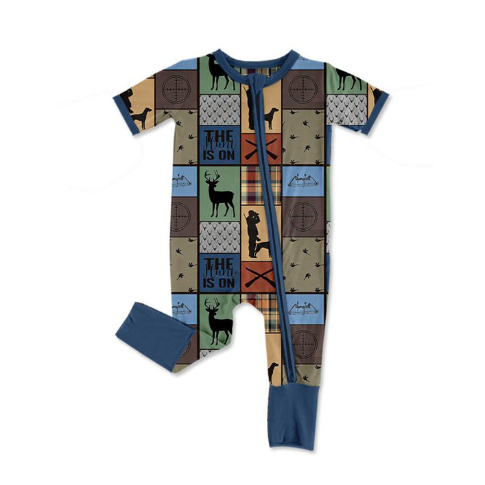 ( Moq 5 ) Preorder Baby Boys Short Sleeves Deer Hunting Two-way Zipper Footie Romper