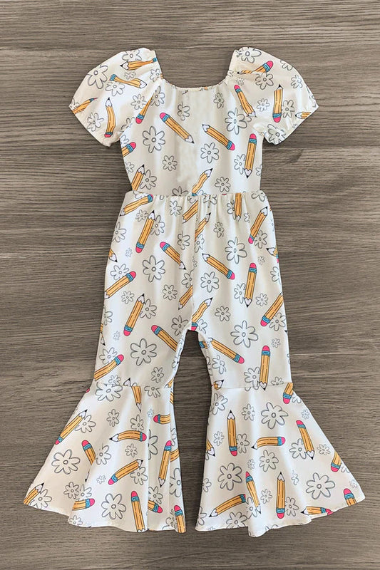 ( Moq 5 ) Preorder Baby Girls Short Sleeves Pencil Flower Back to School Bell Pant Jumpsuit