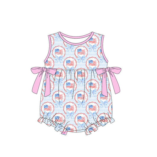 ( Moq 5 ) Preorder Baby Girls Sleeveless Flags Bows 4th of July Bubble Romper