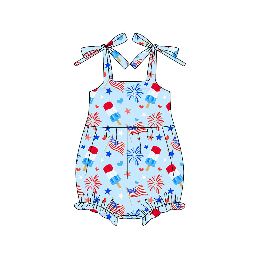 ( Moq 5 ) Preorder Baby Girls Straps Popsicles Flags 4th of July Bubble Romper